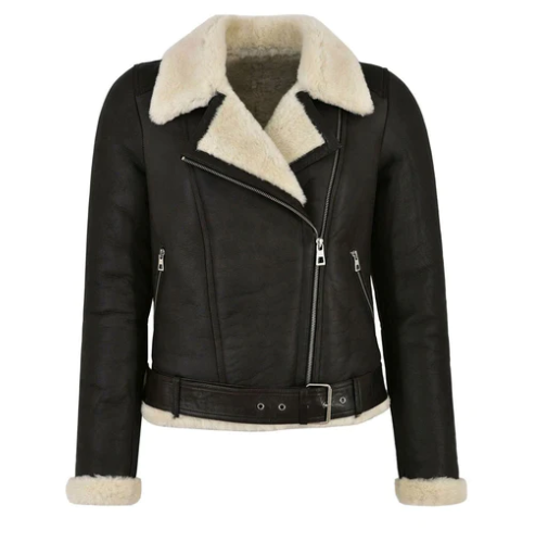 Women's Shearling Bomber Biker Leather Jacket In Black