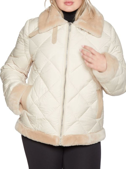 Women's Shearling Leather Puffer Jacket In Beige