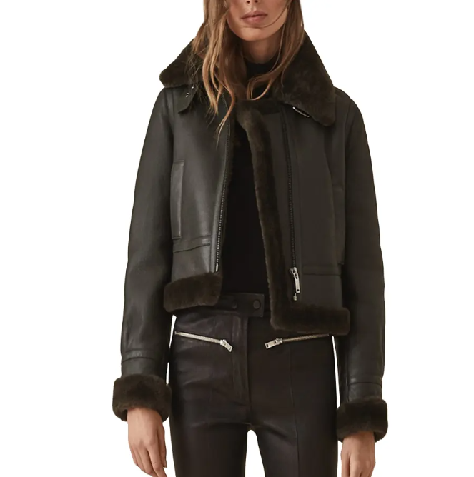 Women's Sheepskin Aviator Leather Jacket In Black