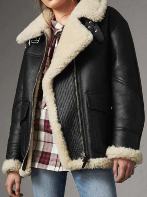 Women's Sheepskin Biker Leather Jacket In Black