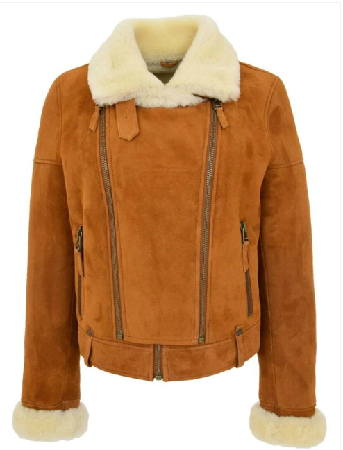 Women's Sheepskin Biker Leather Jacket In Brown
