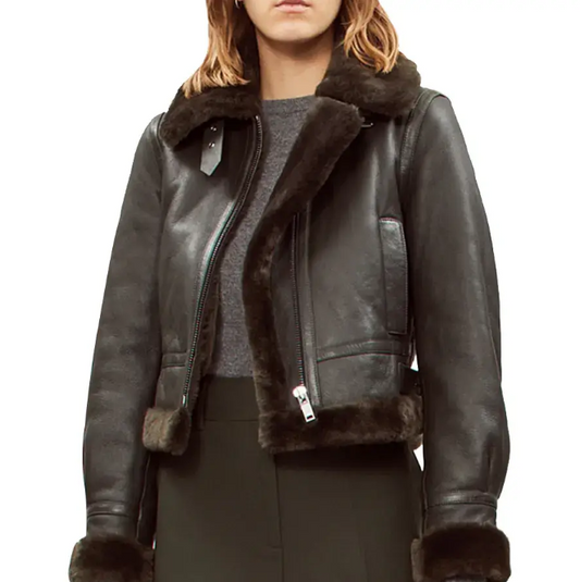 Women's Sheepskin Bomber Aviator Leather Jacket In Black