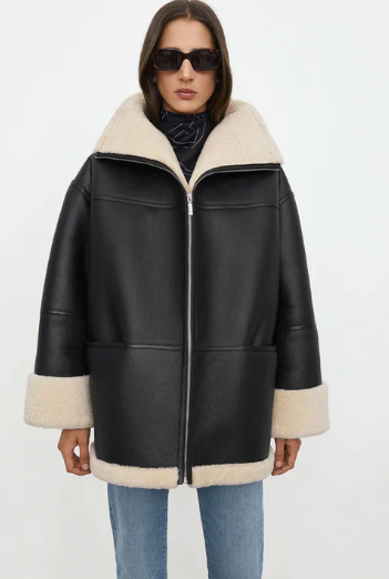 Women's Sheepskin Bomber Leather Jacket In Black