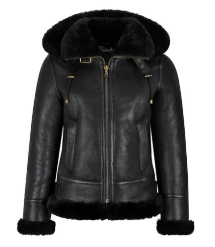 Women's Sheepskin Bomber Leather Jacket In Black With Hood