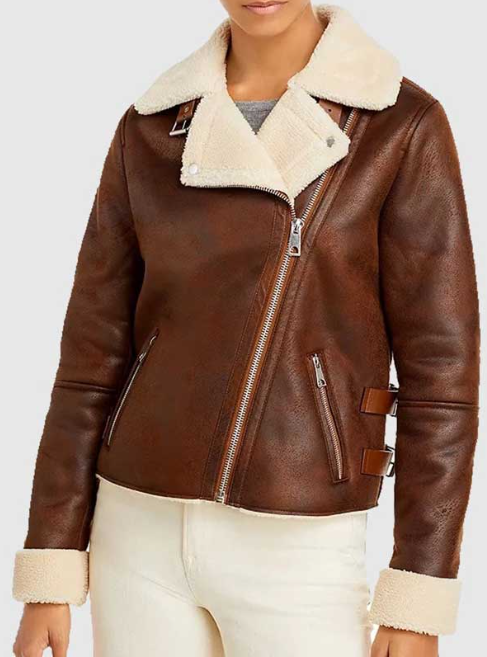 Women's Sheepskin Bomber Leather Jacket In Brown