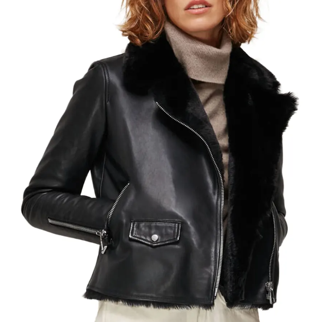 Women's Sheepskin Fur Biker Leather Jacket In Black