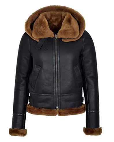 Women's Sheepskin Leather Jacket In Black With Hood