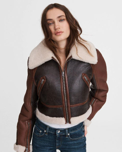Women s Sheepskin Leather Jacket In Dark Brown With Oversized Collar