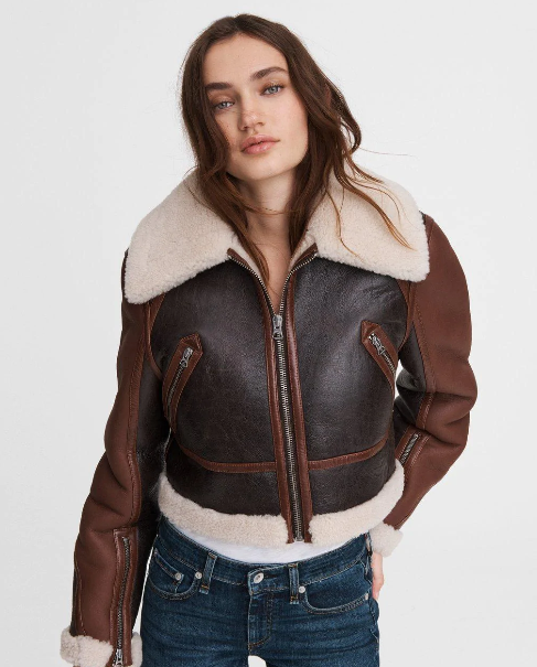 Women's Sheepskin Leather Jacket In Dark Brown With Oversized Collar