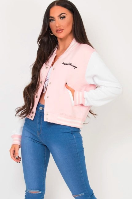 Women's Varsity Bomber Leather Jacket in Pink