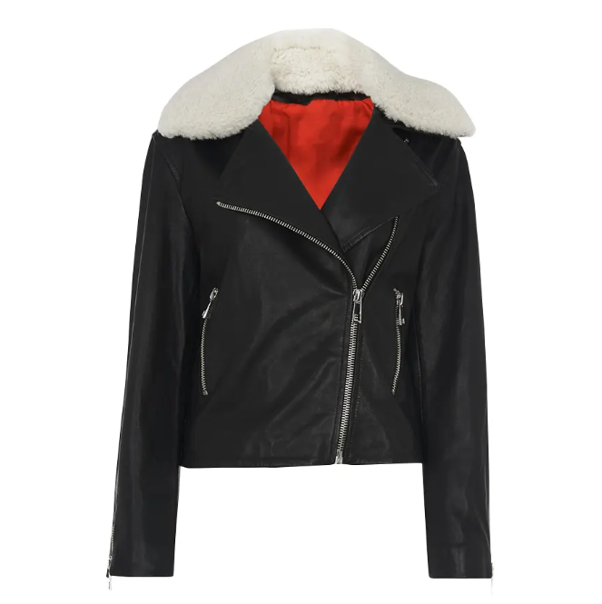 Women's White Sheepskin Fur Biker Leather Jacket In Black