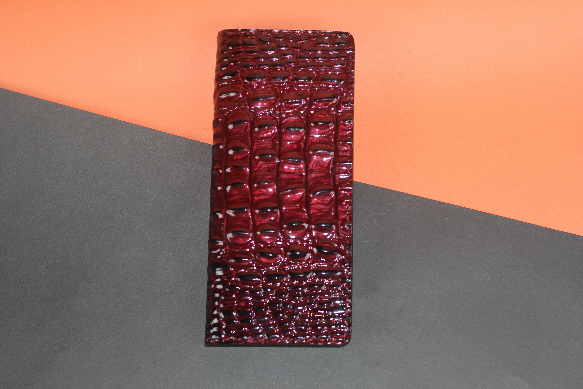 Unisex Genuine Leather Wallet With High-Glossed Maroon Crocodile Textured Finish | Exotic Bifold Long Wallet