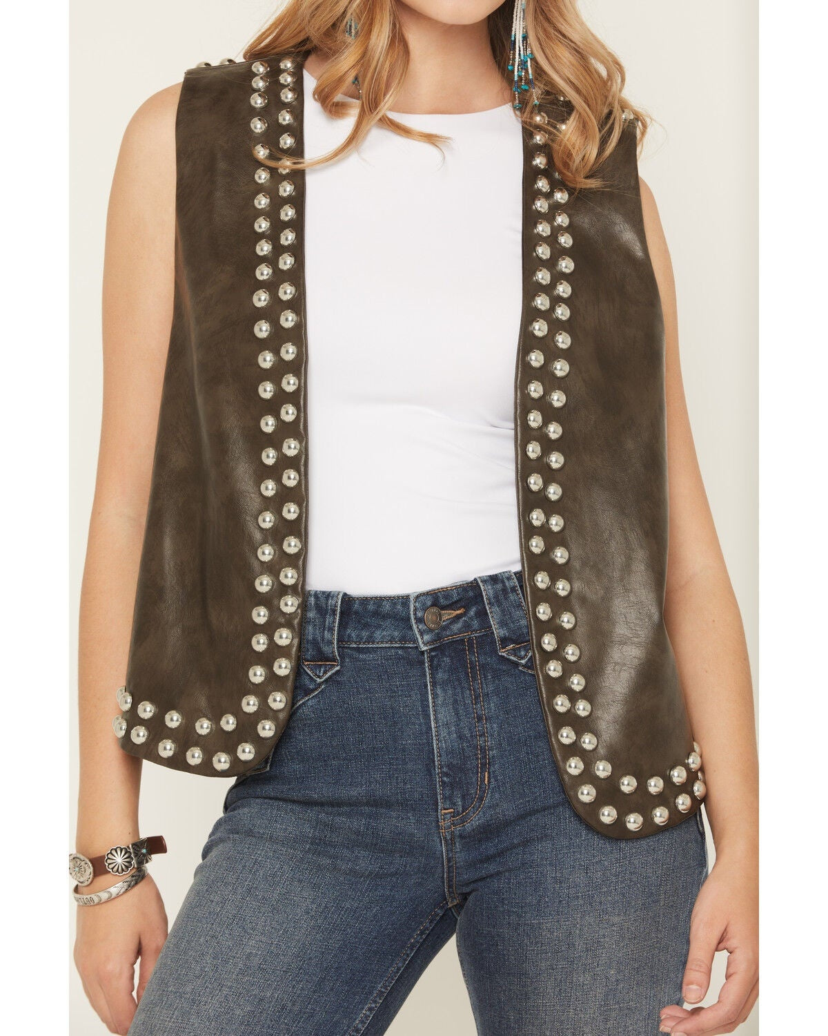 Women's Chocolate Brown Studded Leather Vest