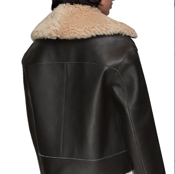 Women's Brown Sheepskin Fur Leather Jacket In Black