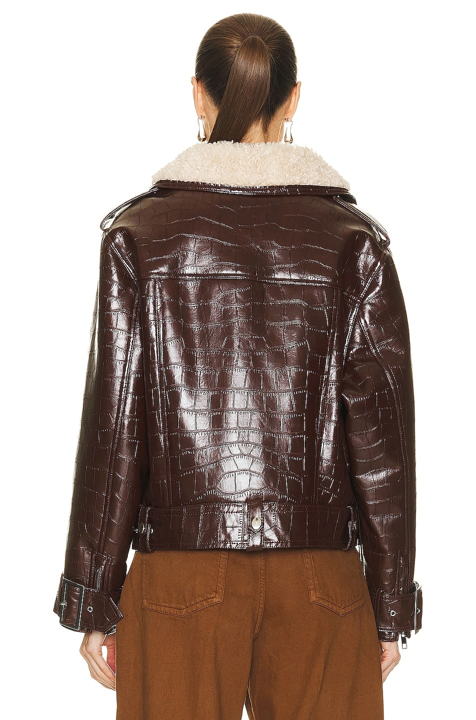 Women's Crocodile Textured Shearling Leather Jacket In Dark Brown