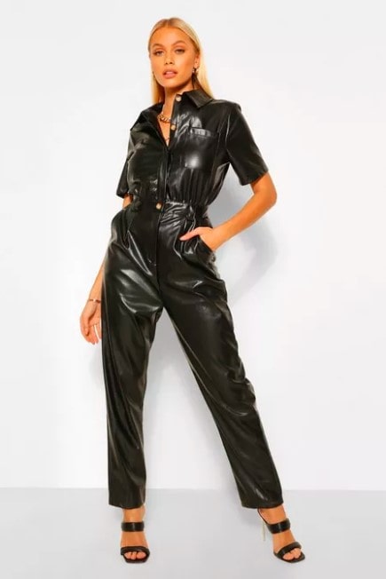 Women's Leather Jumpsuit In Black