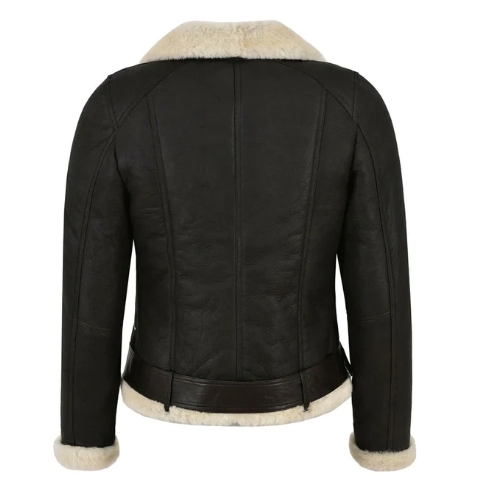 Women's Shearling Bomber Biker Leather Jacket In Black