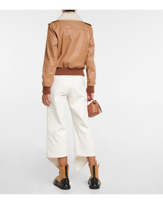 Women's Shearling Bomber Leather Jacket in Tan Brown