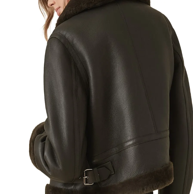 Women's Sheepskin Aviator Leather Jacket In Black