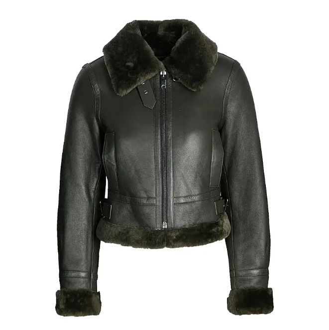 Women's Sheepskin Bomber Aviator Leather Jacket In Black
