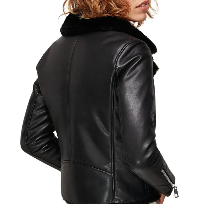 Women's Sheepskin Fur Biker Leather Jacket In Black
