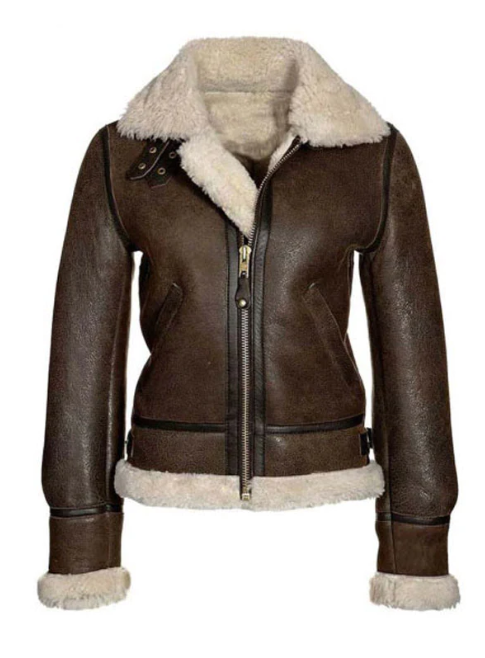 Women's Sheepskin Fur Bomber Leather Jacket In Dark Brown