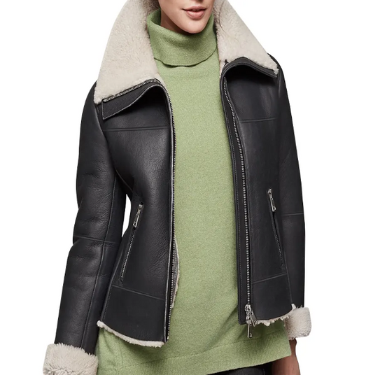 Women's Sheepskin Fur Leather Jacket In Black