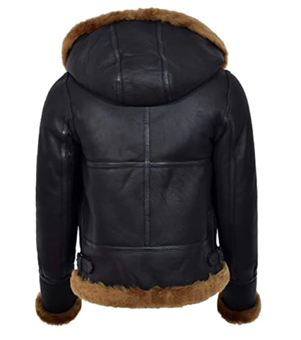Women's Sheepskin Leather Jacket In Black With Hood