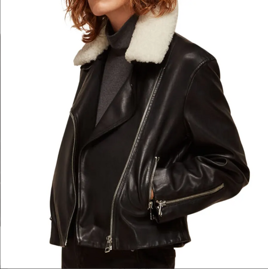 Women's White Sheepskin Fur Biker Leather Jacket In Black