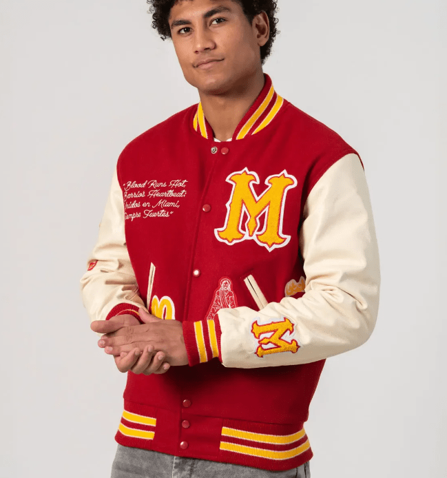 Miami Heritage Varsity Bomber Leather Jacket In Red