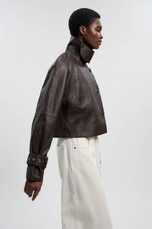 Women's Cropped Leather Jacket In Chocolate Brown - Arcane Fox