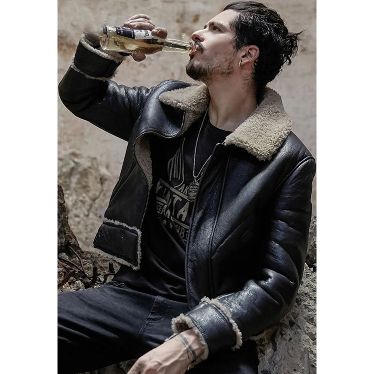 Men's Black Fur Biker Leather Jacket