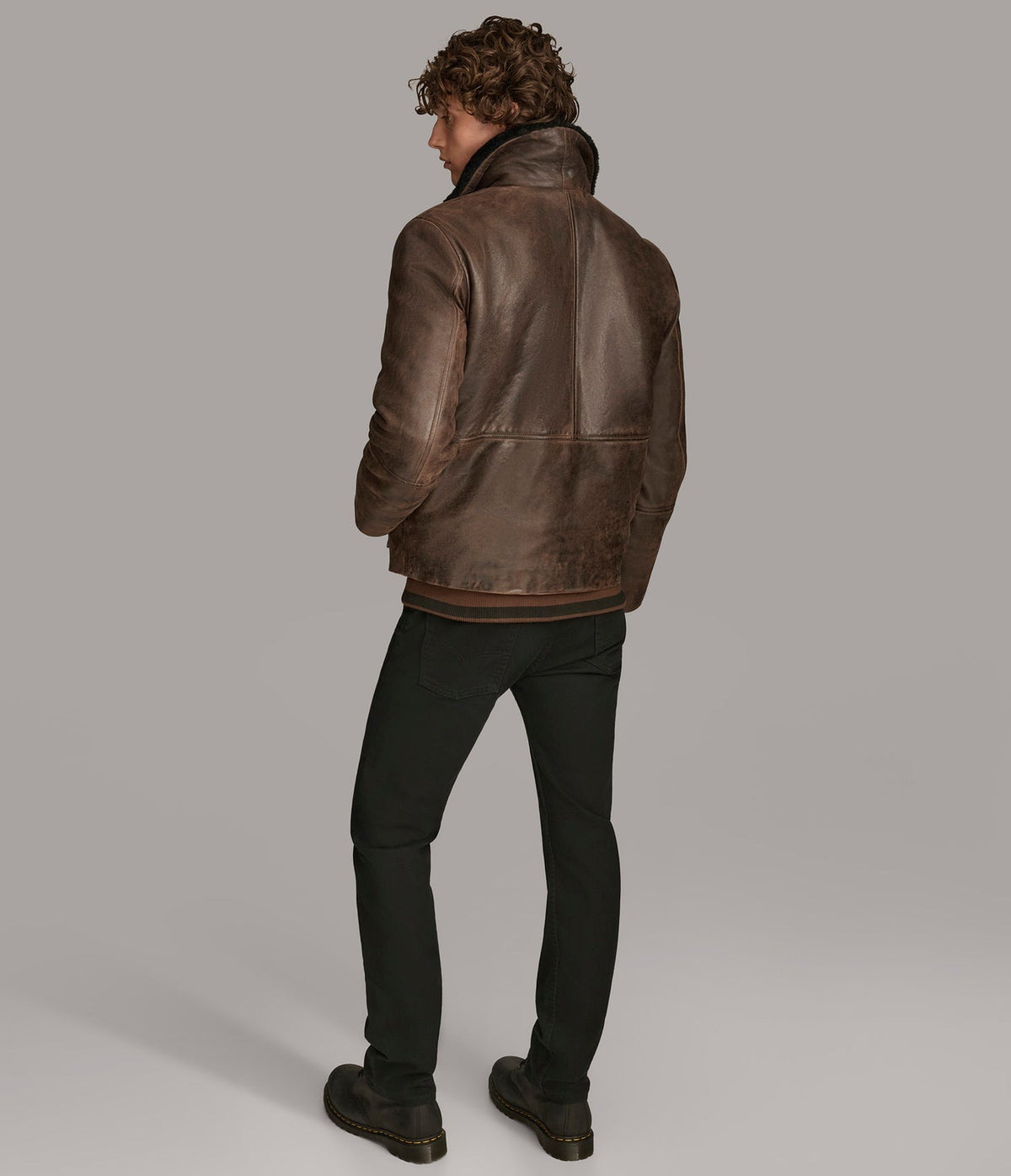 Men' Dark Brown Shearling Harrington Leather Jacket