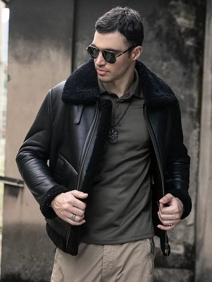 Men's Aviator Fur B3 Black Leather Jacket