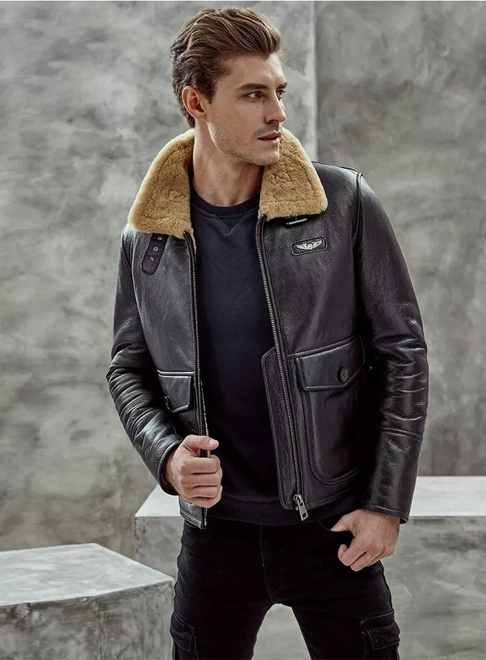 Men's Aviator Raf Shearling Leather Jacket In Black