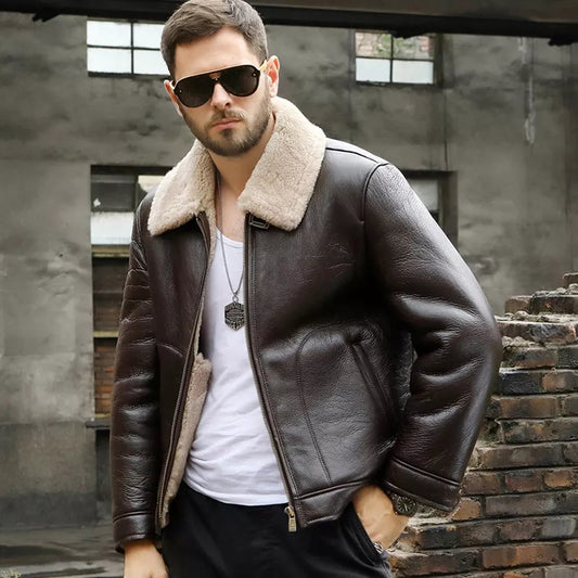 Men's Aviator Sheepskin Coffee Brown Leather Jacket
