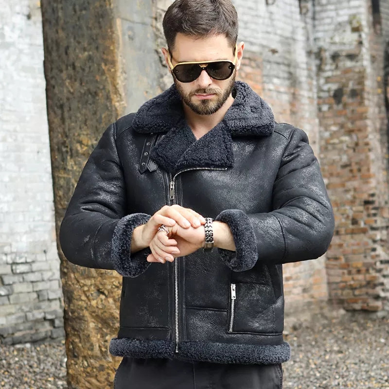 Men's B3 Shearling Biker Black Leather Jacket