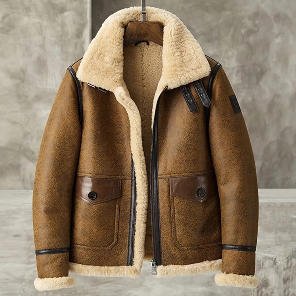 Arcane Fox - Men's B3 Shearling Harrington Leather Jacket In Brown