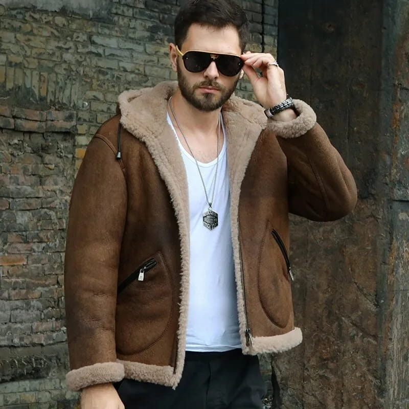 Men's B3 Shearling Hooded Leather Jacket In Dark Brown - Arcane Fox