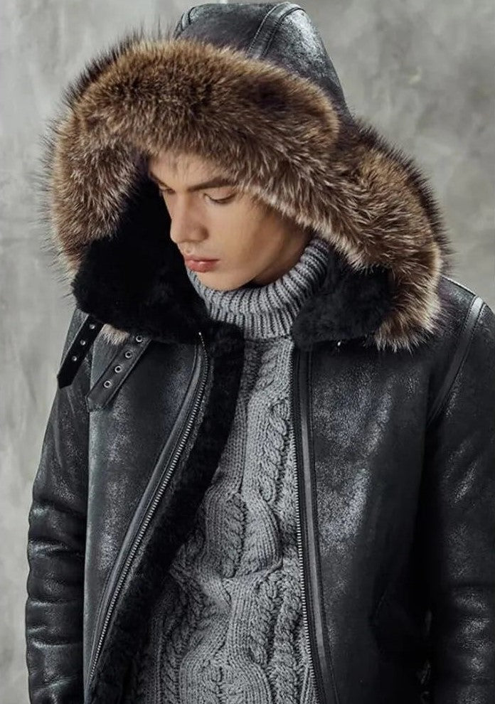 Men's B3 Shearling Parka Leather Jacket In Black - Arcane Fox