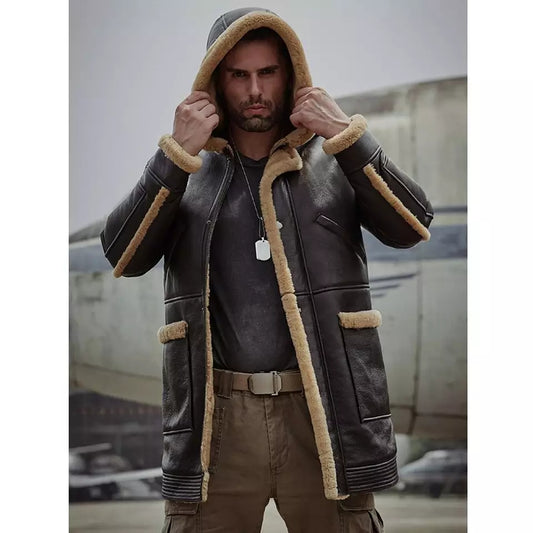 Men's B7 Bomber Sheepskin Leather Coat In Dark Brown With Hood