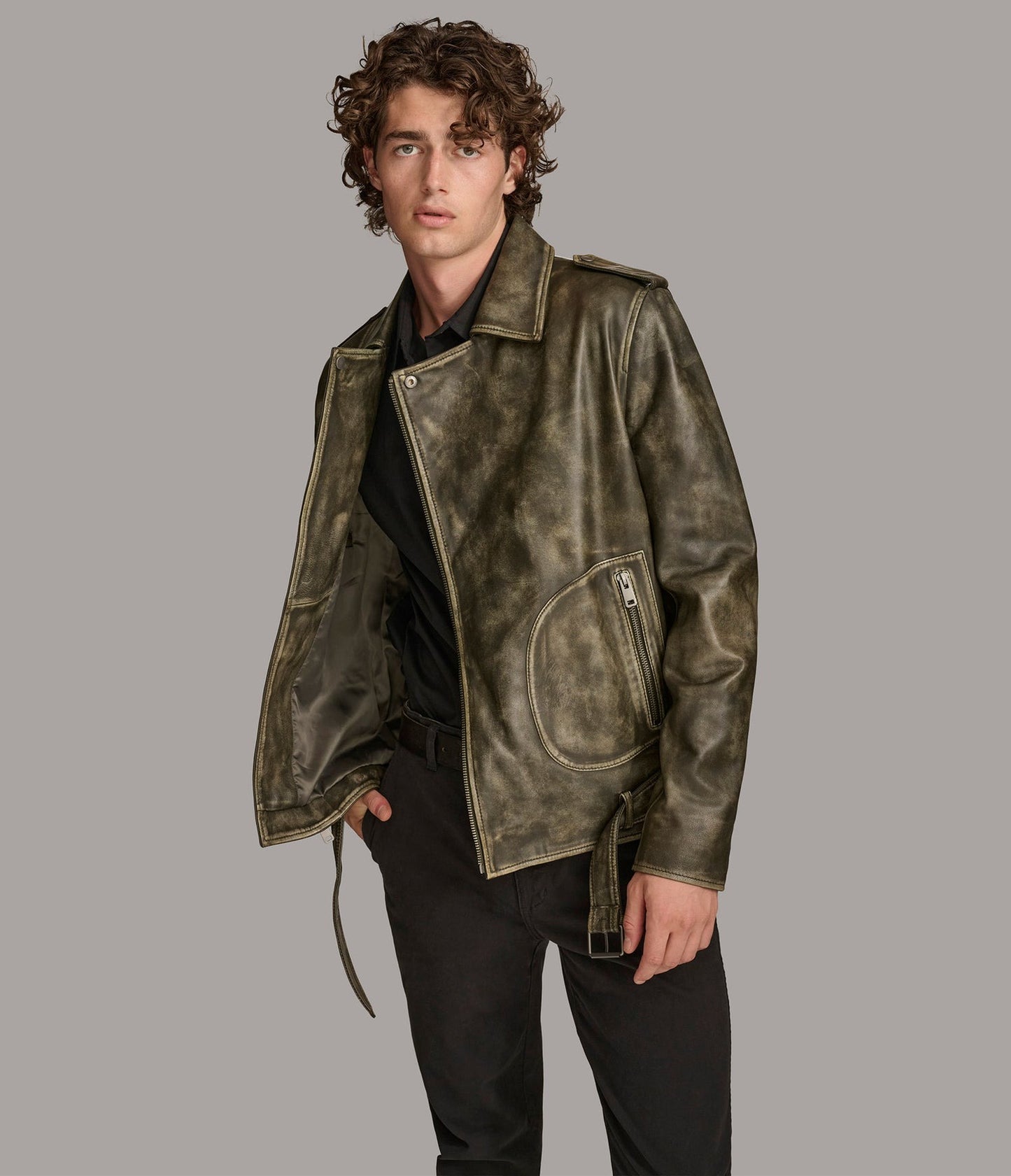 Men's Belted Distressed Biker Leather Jacket