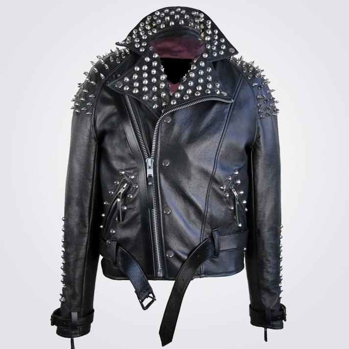 Men's Belted Studded Black Leather Jacket - Arcane Fox