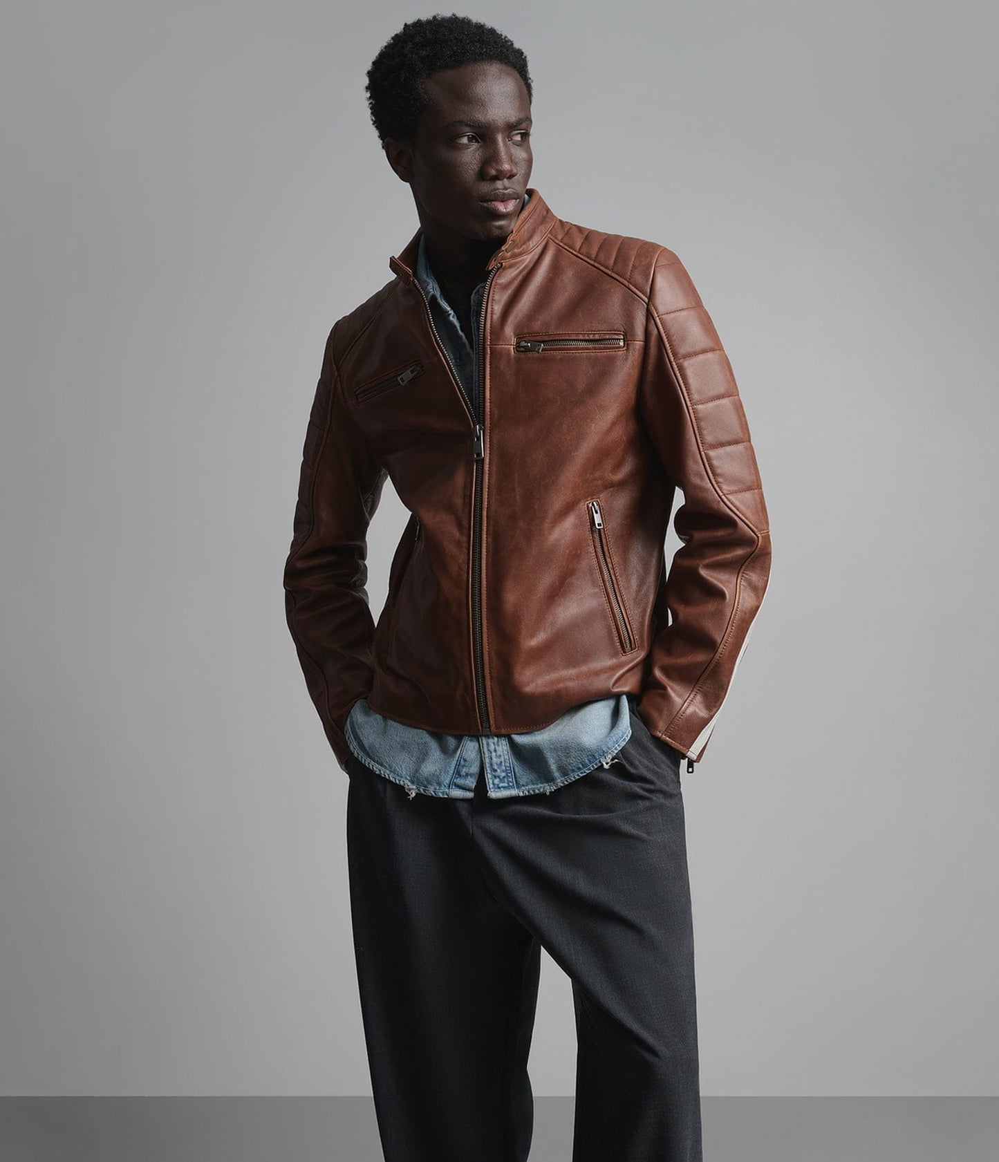 Men's Biker Cafe Racer Leather Jacket In Dark Brown - Arcane Fox