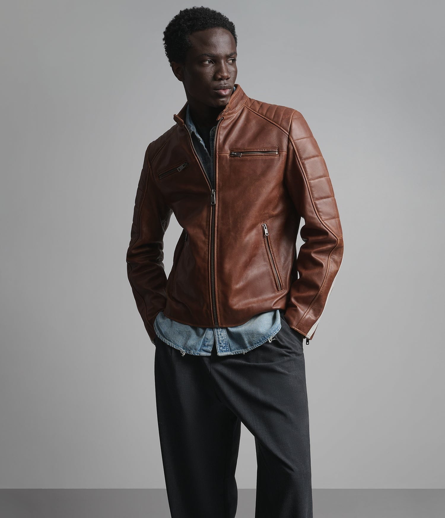 Men's Biker Cafe Racer Leather Jacket In Dark Brown - Arcane Fox