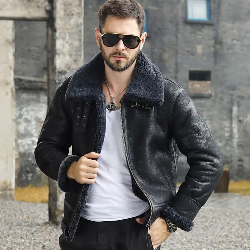 Men's Black B3 Shearling Aviator Leather Jacket - Arcane Fox