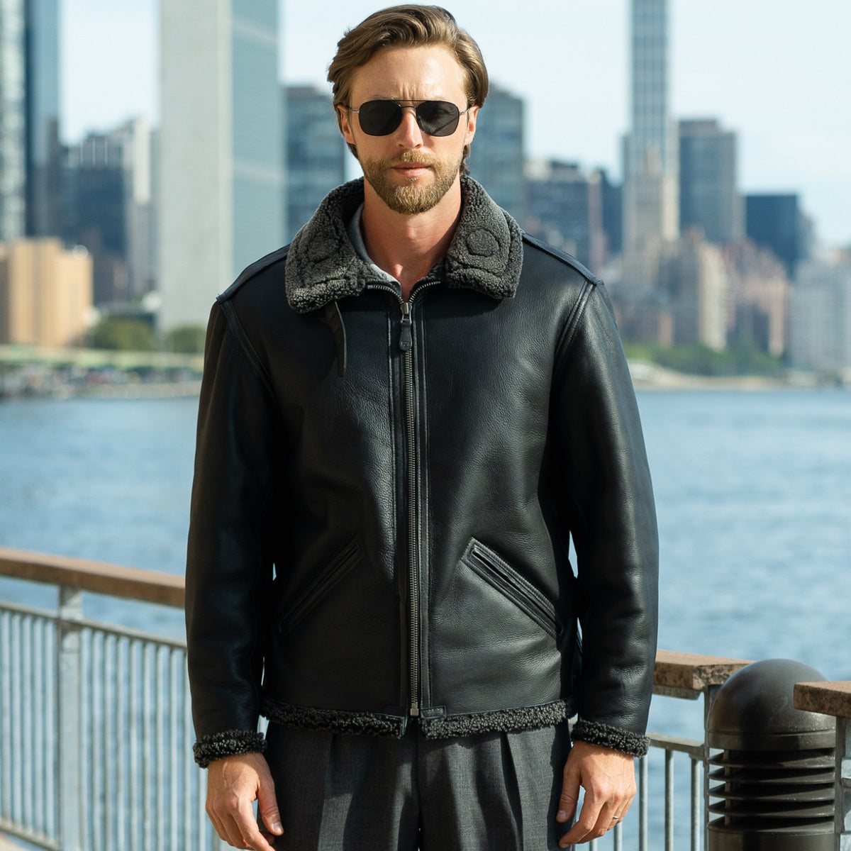Men's Black B7 Shearling Fur Leather Jacket