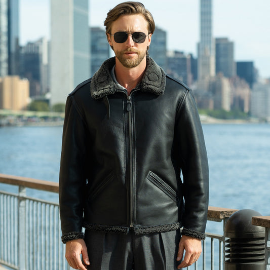 Men's Black B7 Shearling Fur Leather Jacket