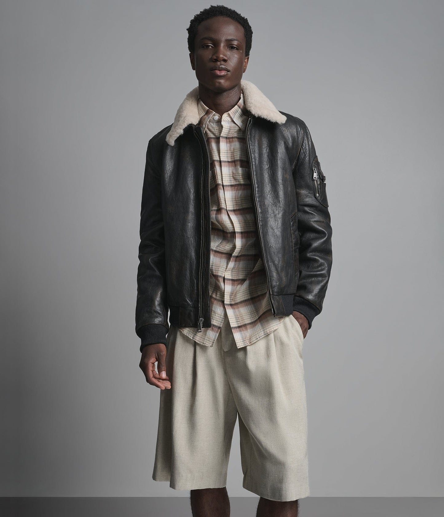 Men's Black Bomber Shearling Leather Jacket - Arcane Fox