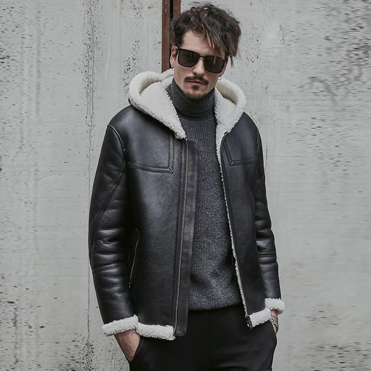 Men's Black Hooded Fur Leather jacket Double Sided